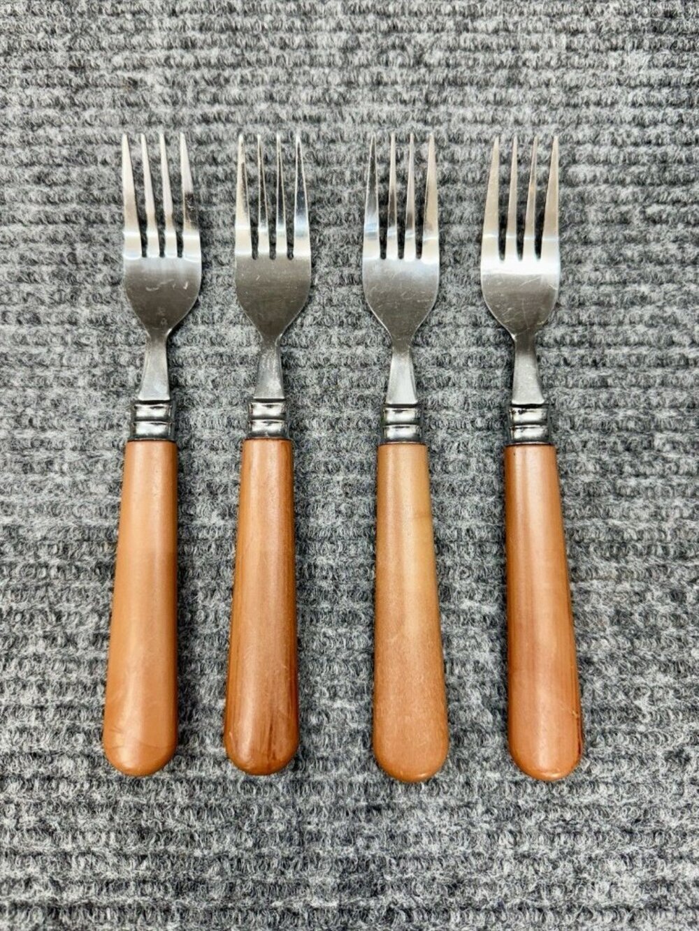 Faberware Silverware Lot Of 4 Table Forks Faux Wood Brown Handle Set Vintage